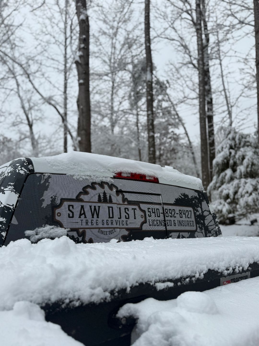 A snow-covered pickup truck with a Saw Dust Tree Service sign and contact information on the back window, parked in a snowy, wooded area
